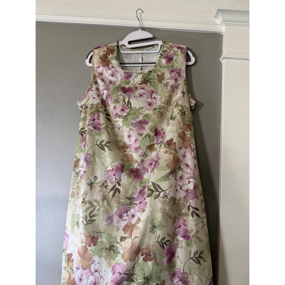 Vintage Floral Sleeveless Midi Shift Dress Purple Pink Sage Green Round Neck - Picture 2 of 6